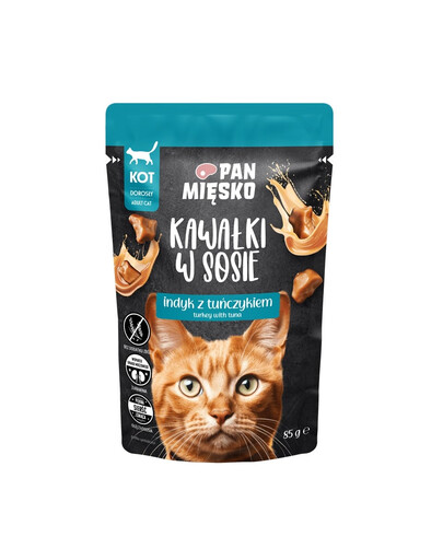 PAN MIĘSKO Nassfutter Pute mit Thunfisch Stücke in Soße für Katzen getreidefrei 85 g
