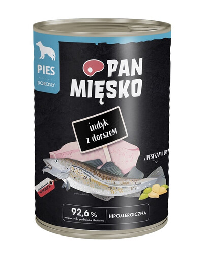 PAN MIĘSKO Nassfutter mit Pute, Dorsch und Kürbiskernen für adulte Hunde hypoallergen 400 g