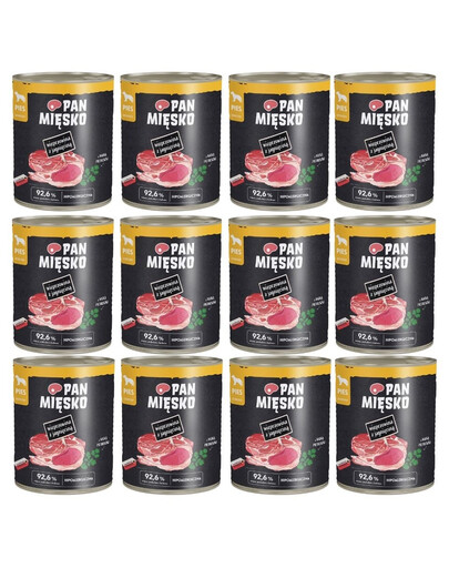 PAN MIĘSKO Nassfutter Schweinefleisch mit Lamm für adulte Hunde 12x800 g