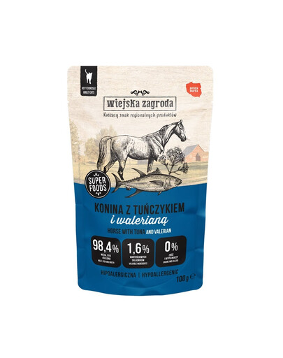 WIEJSKA ZAGRODA Superfoods Nassfutter Pferdefleisch mit Thunfisch und Baldrian für adulte Katzen getreidefrei 100 g