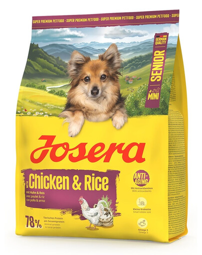 JOSERA Mini Senior Chicken and Rice glutenfreies Trockenfutter für ältere Hunde kleiner Rassen 900g