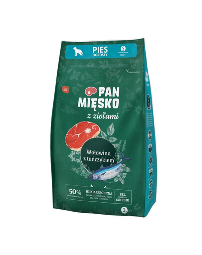 PAN MIĘSKO mit Kräutern Trockenfutter Rind mit Thunfisch für adulte Hunde S hypoallergen 2x3 kg