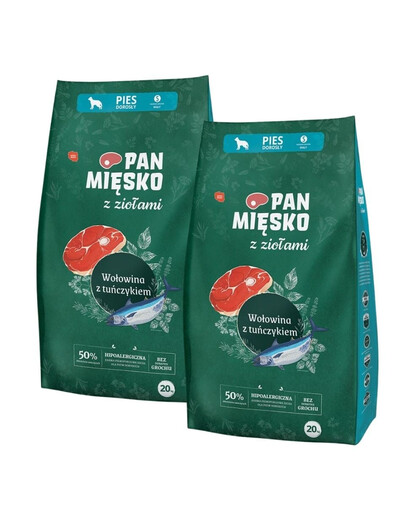 PAN MIĘSKO mit Kräutern Trockenfutter mit Rind und Thunfisch für adulte kleine Hunde S 2x20 kg