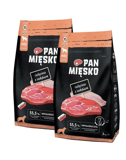 PAN MIĘSKO Trockenfutter mit Kalb und Pute für adulte Hunde XS hypoallergen 2x3 kg