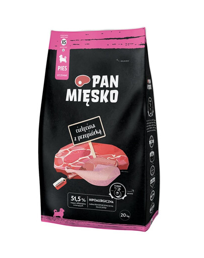 PAN MIĘSKO Trockenfutter mit Kalb und Wachtel für Welpen XS hypoallergen 20 kg