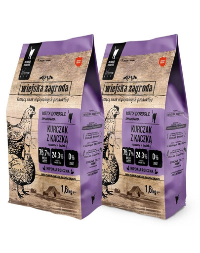 WIEJSKA ZAGRODA Trockenfutter Huhn mit Ente für adulte Katzen getriedefrei 2x1,6 kg