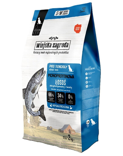 WIEJSKA ZAGRODA Trockenfutter mit Lachs Monoprotein für adulte Hunde S/M getreidefrei 2 kg