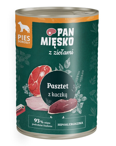 PAN MIĘSKO mit Kräutern Nassfutter Pastete mit Ente für adulte Hunde 400 g