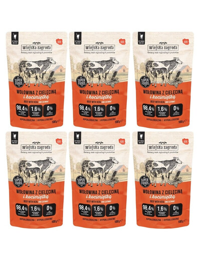 WIEJSKA ZAGRODA Superfoods Nassfutter Rindfleisch mit Kalbfleisch und Katzenminze für adulte Katzen getreidefrei 6x100 g