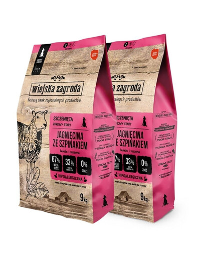 WIEJSKA ZAGRODA Trockenfutter mit Lamm und Spinat für kleine Welpen getreidefrei 2x9 kg