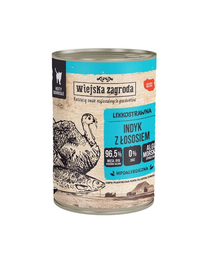 WIEJSKA ZAGRODA Nassfutter mit Pute und Lachs für adulte Katzen getreidefrei 400 g