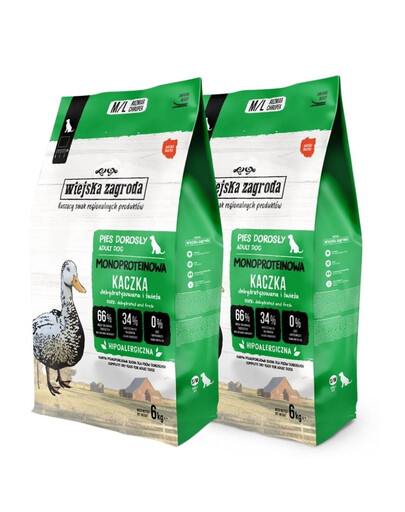 WIEJSKA ZAGRODA Trockenfutter mit Ente Monoprotein für adulte Hunde M/L getreidefrei 2x6 kg