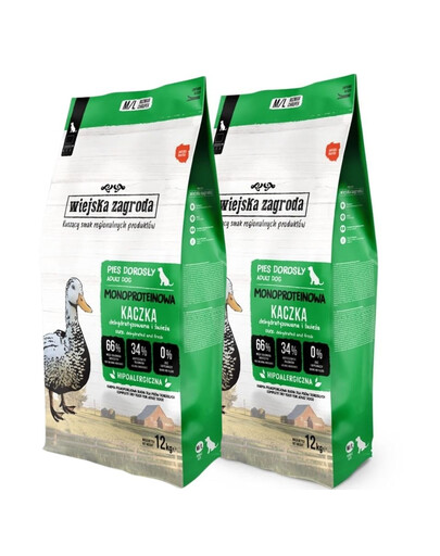 WIEJSKA ZAGRODA Trockenfutter mit Ente Monoprotein für adulte Hunde M/L getreidefrei 2x12 kg