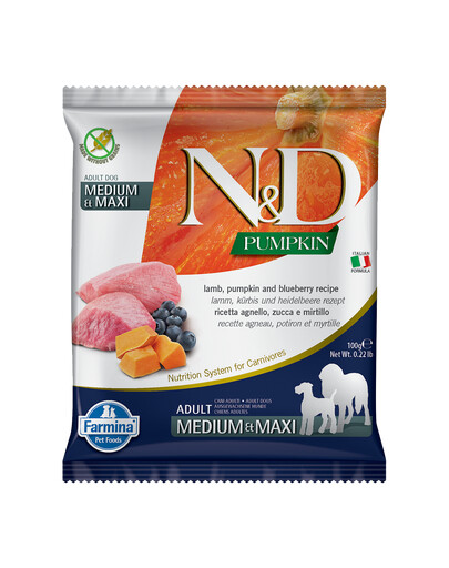 FARMINA N&D Pumpkin Trockenfutter mit Lamm, Kürbis und Heidelbeere für adulte Medium & Maxi Hunde 100 g