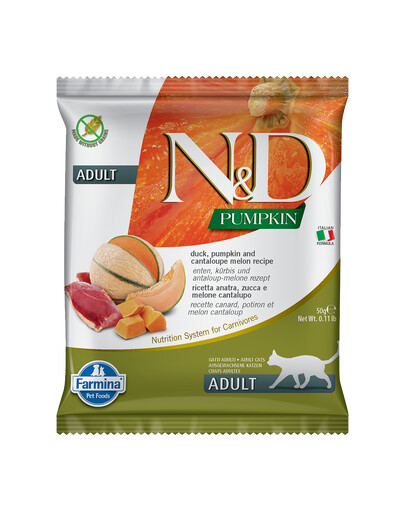 FARMINA N&D Pumpkin Trockenfutter Ente, Kürbis und Cantaloupe-Melone für adulte Katzen 50g