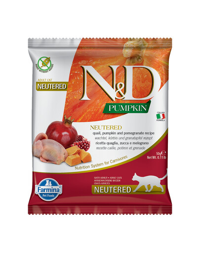 FARMINA N&D Cat Pumpkin Neutered Trockenfutter Wachtel, Kürbis und Granatapfel für adulte kastrierte Katzen 50g