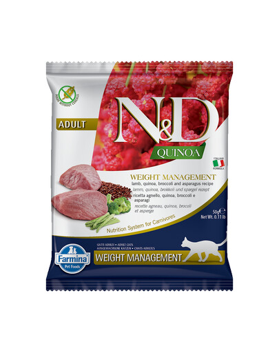 FARMINA N&D Quinoa weight managment Trockenfutter mit Lamm und Brokkoli für adulte Katzen 50 g
