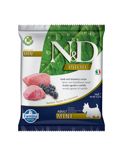 FARMINA N&D Prime Trockenfutter Lamm und Heidelbeere für adulte kleine Hunde 100 g