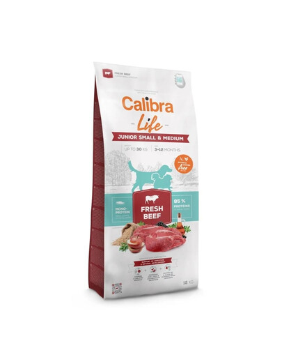 CALIBRA Dog Life Junior Small Medium Fresh Beef Trockenfutter mit Rindfleisch für junge Hunde kleiner und mittlerer Rassen 12 kg