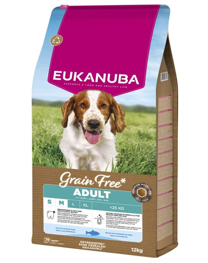 EUKANUBA Grain Free Adult getreidefreies Futter mit Fisch für adulte Hunde kleiner und mittlerer Rassen 12 kg