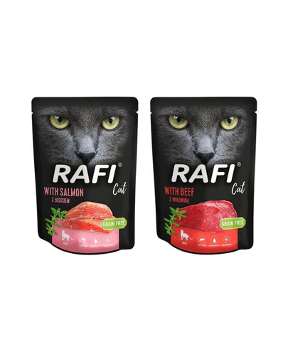 DOLINA NOTECI Rafi Nassfutter mit Lachs 10x300 g + Rind für adulte Katzen getreidefrei 10x300 g