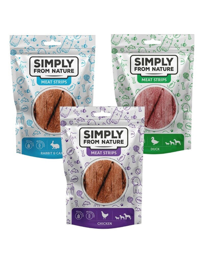 SIMPLY FROM NATURE Meat Strips Mięsne paski Mix smaków kurczak, kaczka, królik 3x80 g