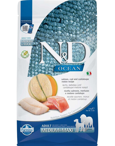 FARMINA N&D Ocean Trockenfutter mit Lachs, Kabeljau und Melone für adulte Hunde Medium & Maxi 100 g