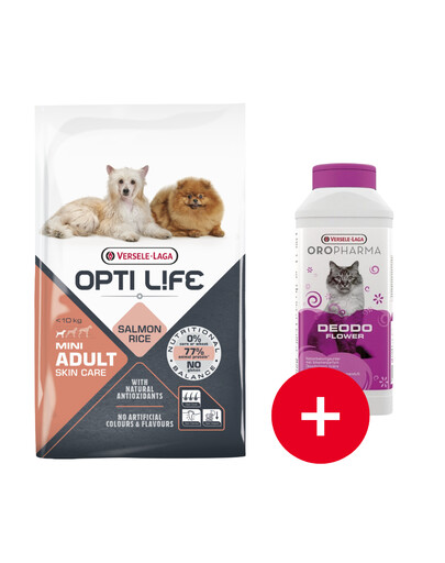 VERSELE-LAGA Opti Life Adult Skin Care Mini Lachs 7,5 kg + Deodo Flower Katzentoilette Deodorant Blumenerfrischer 750 g