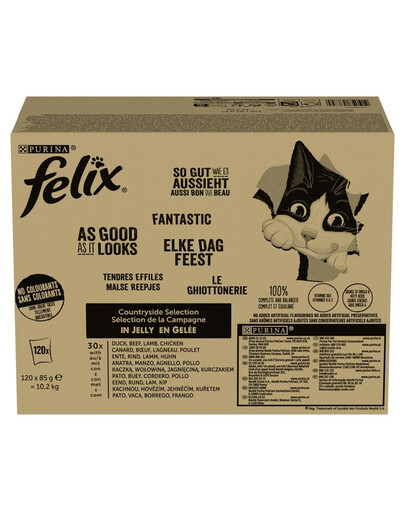 FELIX Nassfutter in Gelee Mix Fleisch Rind, Huhn, Ente und Lamm, Nassfutter für Katzen 120x85g