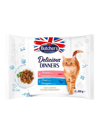 Delicious Dinners kawałki w galaretce dla dorosłych kotów 4x100g z łososiem, z pstrągiem