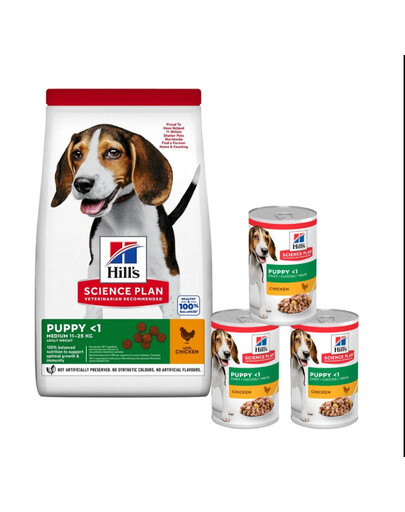 HILL'S Science Plan Canine Puppy Medium Chicken 18 kg für Hunde mittlerer Rassen mit Huhn + 3 Dosen GRATIS