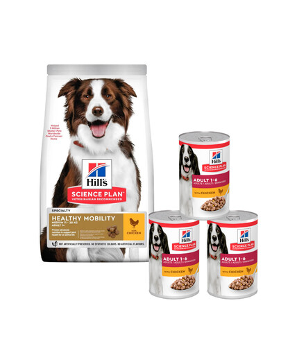 HILL'S Science Plan Canine Adult Healthy Mobility Medium Huhn 14 kg für mittelgroße Rassen mit Huhn zur Unterstützung der Gelenke + 3 Dosen GRATIS