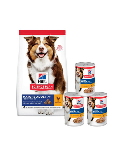 HILL'S Science Plan Canine Mature Adult Chicken New 14 kg für ältere Hunde + 3 Dosen GRATIS