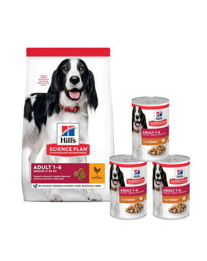 HILL'S Science Plan Adult Medium breed mit Huhn 14 kg + 3 Dosen GRATIS