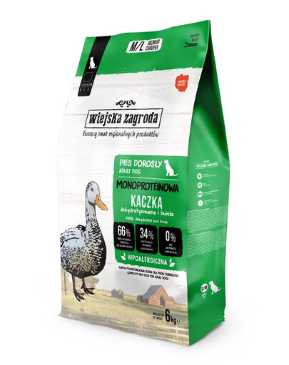 WIEJSKA ZAGRODA Trockenfutter mit Ente Monoprotein für adulte Hunde M/L getreidefrei 6 kg