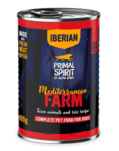 PRIMAL SPIRIT Iberian Mediterranean Farm Nassfutter mit Huhn und Schweinefleisch für adulte Hunde 400 g