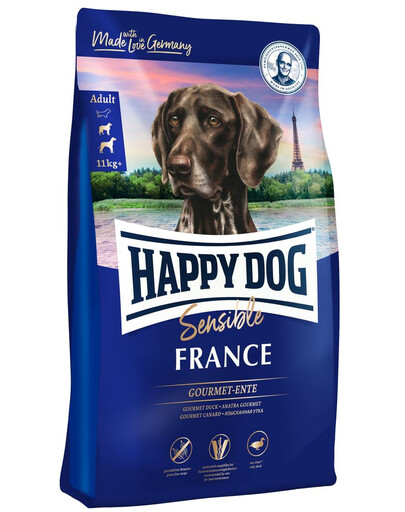 HAPPY DOG Sensible France Trockenfutter mit Ente für adulte Hunde M, L, 2x4 kg