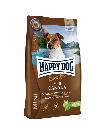 HAPPY DOG Sensible Mini Canada Trockenfutter mit Lachs, Kaninchen und Lammf für aktive, adulte Hunde kleiner Rassen 2x4kg