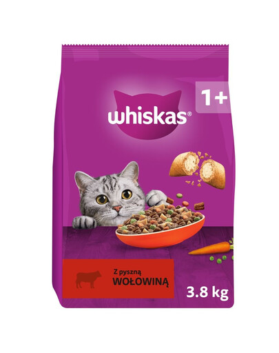 WHISKAS Trockenfutter mit Rind für adulte Katzen 3x3,8 kg