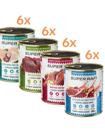 RAFI Super Nassfutter Mix 4 Geschmacks für adulte Hunde aller Rassen getreidefrei 24x800g