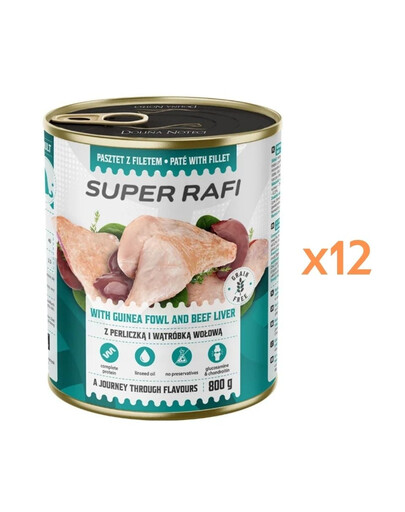 RAFI Super Nassfutter mit Perlhuhn und Rinderleber Pastete für adulte Hunde aller Rassen getreidefrei 12x800g