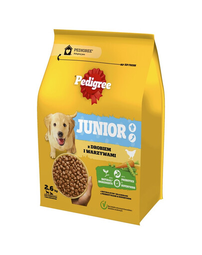 PEDIGREE Junior Trockenfutter mit Geflügel und Gemüse für große und mittelgroße Hunde 3x2,6 kg