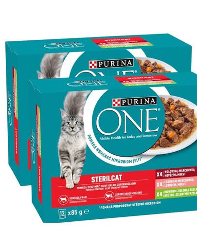 PURINA ONE Sterilcat Nassfutter mit Rind und Karotte, mit Lachs und Karotte, mit Pute und grünen Bohnen für Katzen nach der Sterilisation 24x85g