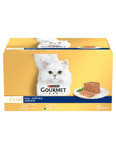 GOURMET Gold Nassfutter Mousse mit Huhn, Thunfisch, Pute, Kaninchen für adulte Katzen 96x85g