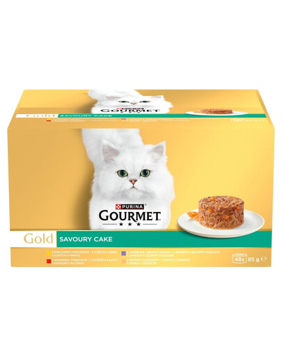 GOURMET Gold Savoury Cake Nassfutter mit Huhn, Rind, Lamm und Pute für adulte Katzen 96x85g