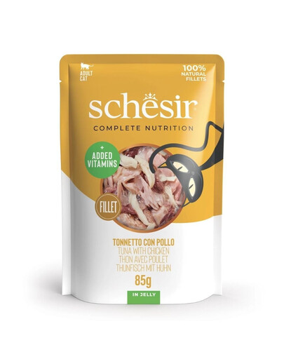 SCHESIR Nassfutter Thunfisch mit Hähnchenfilets in Gelee für Katze 12x85 g