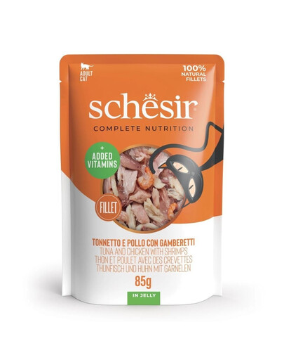SCHESIR Nassfutter Thunfisch und Hähnchen mit Garnele in Gelee für Katzen 12x85 g