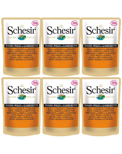 SCHESIR Nassfutter Thunfisch mit Hähnchen und Garnelen für Katzen 6x50g