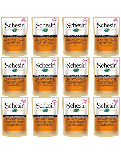 SCHESIR Nassfutter Thunfisch mit Hähnchen und Garnelen für Katzen 12x50g