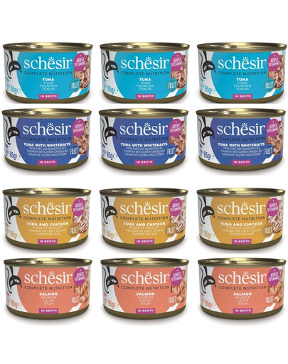SCHESIR Nassfutter Set Mix Geschmacks in Brühe für Katzen 12x85g (4 Geschmacks)